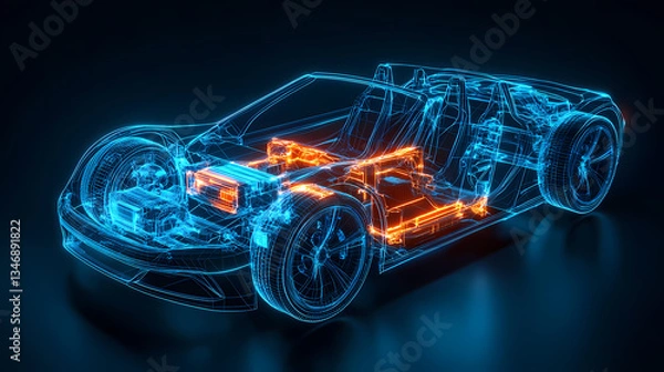 Fototapeta Automotive Blueprint: Explore the sophisticated inner workings of a cutting-edge automotive creation, showcasing its engineering excellence in an illuminating display.