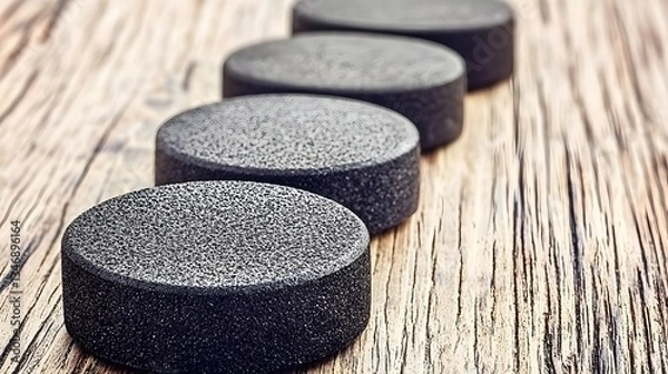 Fototapeta Four Black Hockey Pucks Arranged in a Linear Pattern on a Textured Wooden Surface