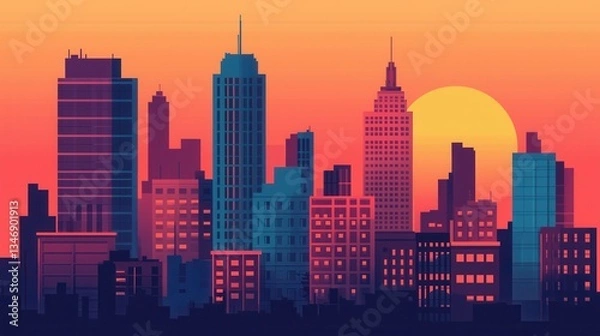 Fototapeta A vibrant city skyline at sunset, showcasing diverse skyscrapers against a warm, colorful sky.