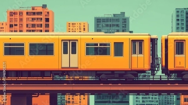Obraz A vibrant yellow train glides through a cityscape of colorful buildings, showcasing urban life and modern transportation.