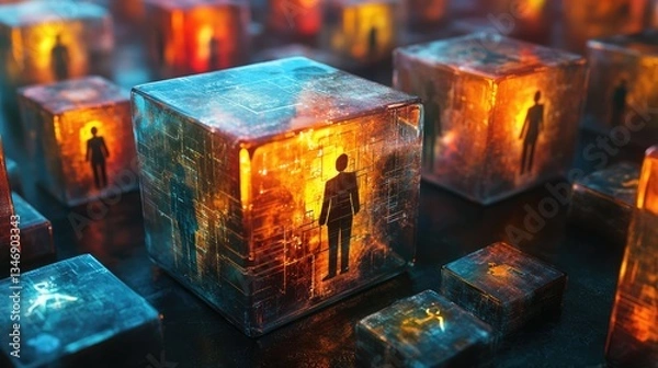 Fototapeta Abstract representation of human figures encased in glowing, translucent cubes, symbolizing individuality and connectivity