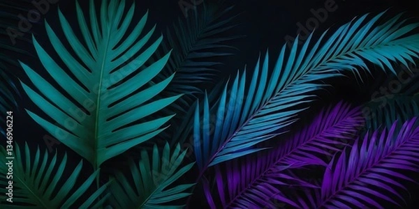 Fototapeta Creative fluorescent color layout made of tropical leaves. Flat-lay neon colors. Nature concept. Palm leaves neon. Tropical leaf banner.colors, concepts, fantasy, horizontal, inspiration, 123