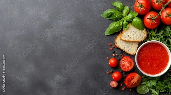 Obraz Preparing Tomato Soup Flat Lay with Bread and Fresh Herbs