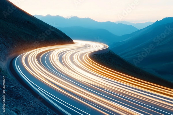 Obraz Long exposure shot of car lights creating a motion blur on a winding mountain road at dusk, with blue mountains in the background