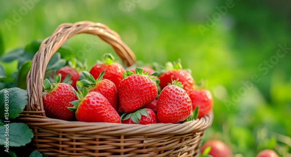 Obraz Strawberries in a basket with a green background