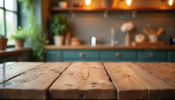 Fototapeta Rustic Wooden Tabletop with Bokeh Lights in a Blurred Cozy Restaurant Design Inspiration