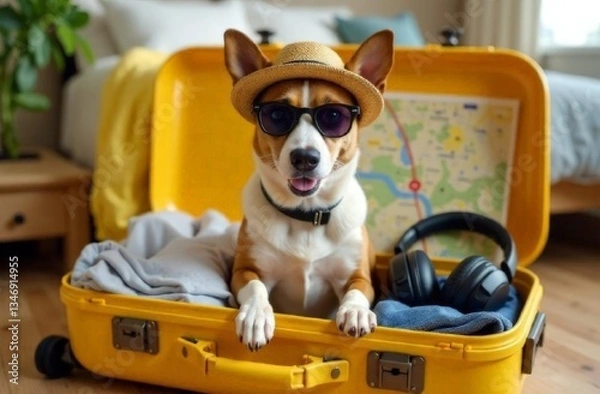 Obraz Stylish dog sitting in an open yellow suitcase, ready for a travel and adventure, with travel items like headphones, a map, folded clothes, and sunglasses.