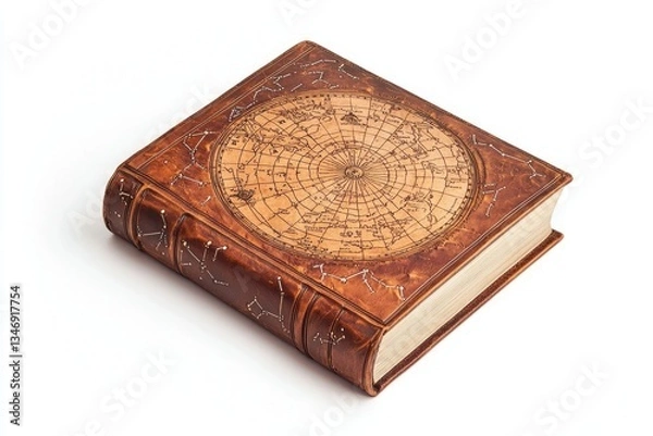 Fototapeta Antique leather-bound book featuring a celestial map and constellations, suggesting a journal of astronomical observations or a historical atlas.