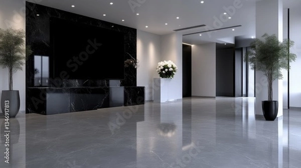 Fototapeta Modern, minimalist lobby with black and gray accents.  Large, polished floor,  reception desk, and plants