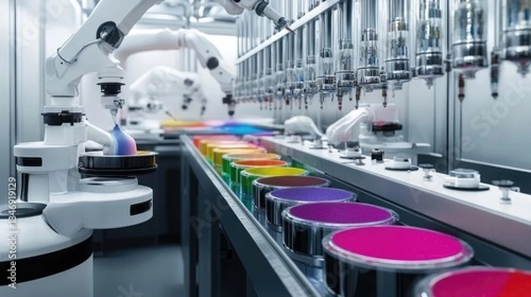Fototapeta Robotic Arm Precisely Dispensing Colorful Powders into Containers on Automated Production Line