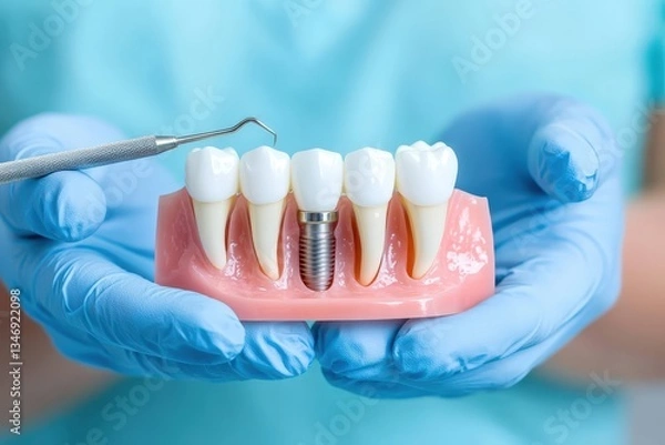 Fototapeta Close-Up Photograph of a Dental Model with Implant and Tools Held by a Professional