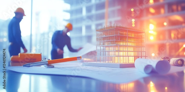 Obraz Bright Worksite Concept with Engineers Planning a Construction Project and Collaborative Design Process