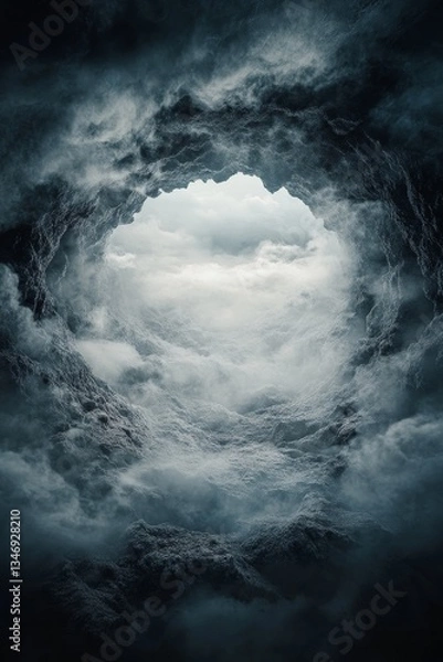 Fototapeta A dark, textured cave opening reveals light filtering through clouds, creating a mystical and dramatic atmosphere.