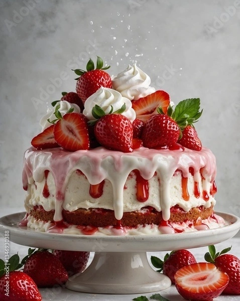 Fototapeta Enorme gâteau fraisier avec chantilly et coulis