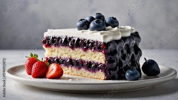 Fototapeta Part de gâteau aux myrtilles avec fraise à côté