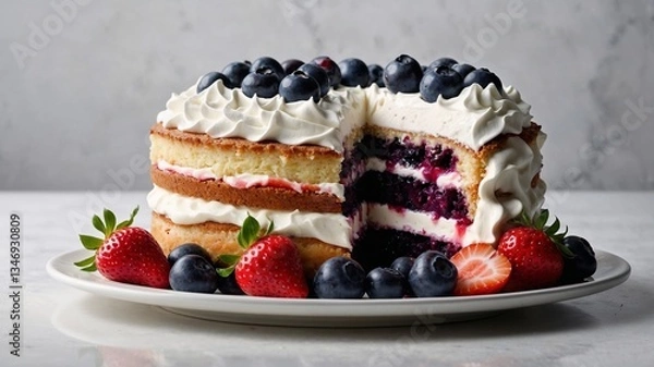 Fototapeta Gâteau avec genoise, myrtilles et grosses fraises