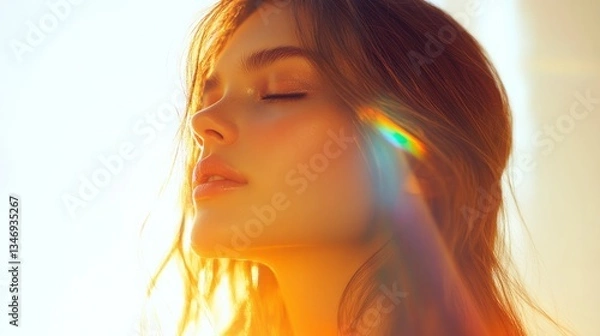 Obraz Woman with closed eyes bathed in sunlight and prism flare