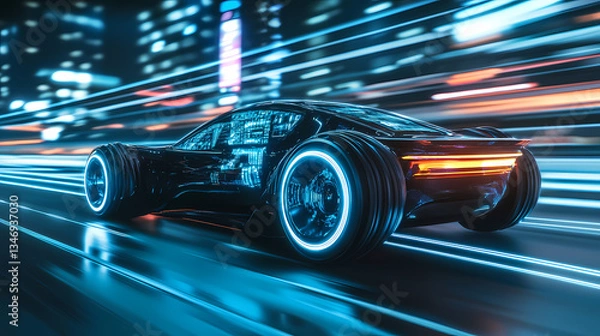 Fototapeta Futuristic Speed: An ultra-modern vehicle, glowing with neon lights, races through a cyberpunk cityscape at blurring speed. This image embodies technology and speed.