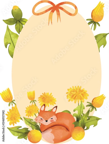 Fototapeta Watercolor a cute fox Template card with dandelion, Vector illustration perfect for cheerful and festive celebrations. Template for greeting card or poster. Birthday fox Invitation isolated elements.