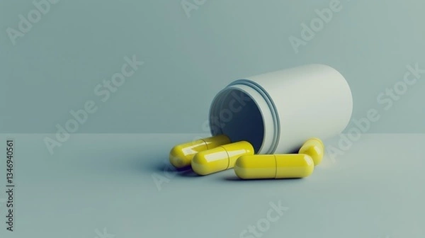 Fototapeta Spilled Yellow Capsules from a White Container on a Light Grey Surface