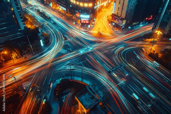 Fototapeta Urban Symphony: An aerial view captures the dynamic flow of vehicles navigating a complex highway interchange at night. The scene is a vibrant display of motion.