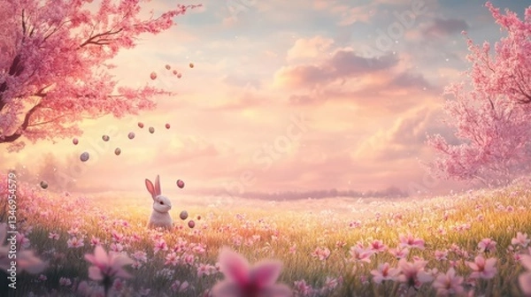 Fototapeta A nostalgic Easter morning with a bunny hiding eggs in a blooming spring meadow