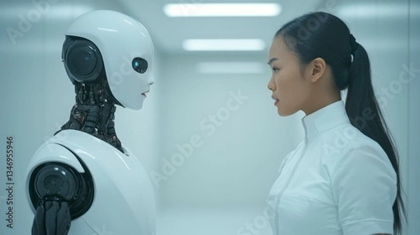 Fototapeta Close-up of a young woman and a robot standing face to face, their expressions reflecting curiosity and understanding of human-robot relationships , Minimalism Clean and clear background color, high