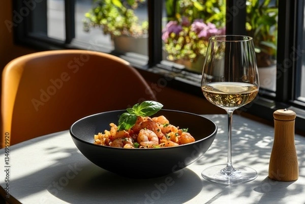 Fototapeta Pasta with shrimp and fresh basil served in a cozy restaurant with a glass of white wine