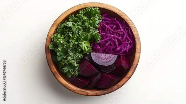 Fototapeta Fresh kale red beetroot cabbage salad ingredients in  round wooden bowl, leaf vegetables healthy diet nutrition, top down view, white background