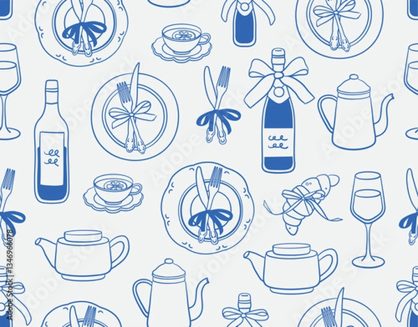 Fototapeta Seamless pattern of dinner elements. Line art, ink, minimalist style. Vector illustration. Party collection.