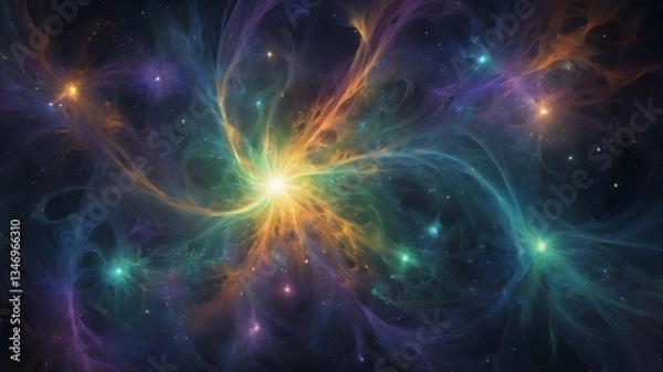 Fototapeta Vivid cosmic nebula with swirling colors and luminous stars in deep space formation