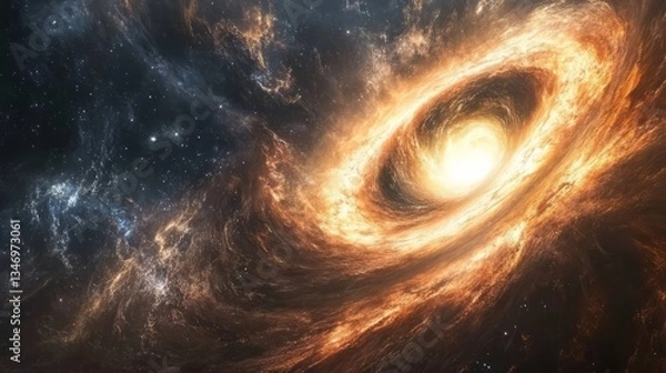Fototapeta A black hole and a wormhole merging, creating a swirling vortex of light and energy 