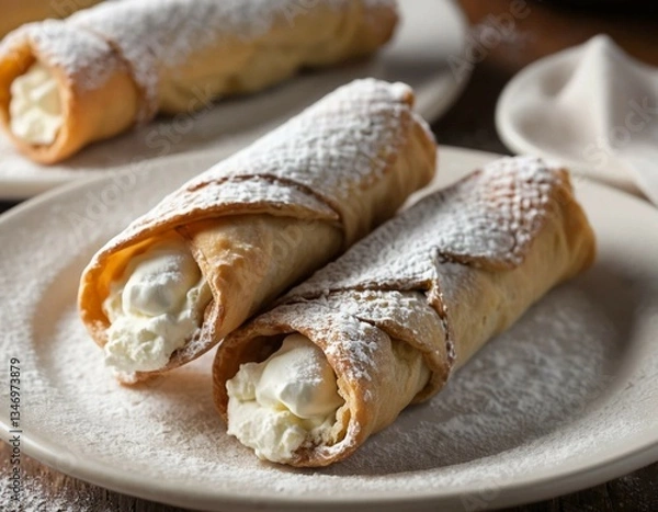 Fototapeta A traditional Italian cannoli, its ricotta filling dusted with powdered sugar