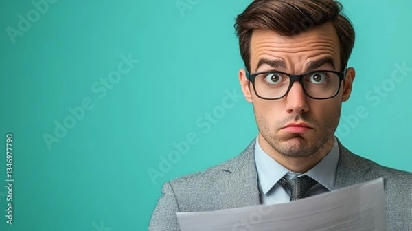 Fototapeta Shocked businessman holding documents with a turquoise background looks surprised