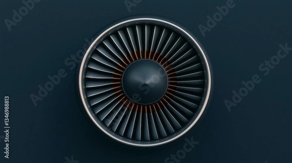 Fototapeta A high-quality close-up shot of the front view of an aircraft jet engine turbine, focusing on the smooth metallic surface and intricate, finely designed blades in sharp detail. , Minimalism Clean and