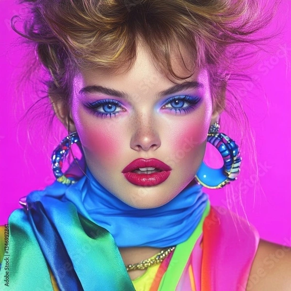 Obraz Model showing colorful 1980s makeup and hairstyle,