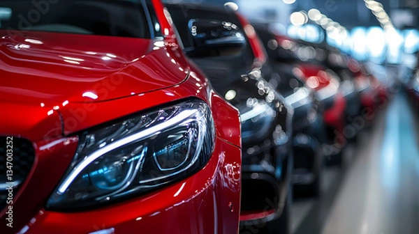 Fototapeta Lineup of Luxury: A striking collection of luxury automobiles gleam, showcasing their sleek designs and vibrant colors in an alluring display.