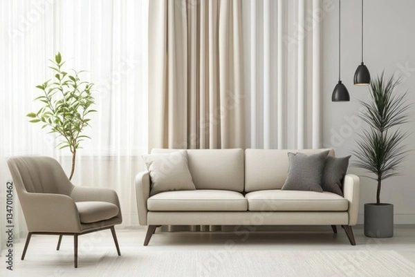 Obraz Light and Relaxing Room Interior Featuring Sofa and Armchair for Comfort and Style
