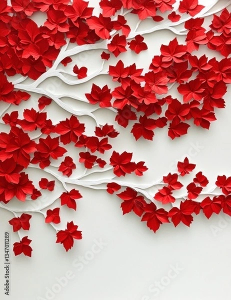 Fototapeta Arrangement of Red Paper Maple Leaves on White Branches for Design
