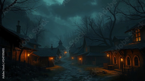 Obraz Eerie village lit by lanterns in foggy forest night. .AI image