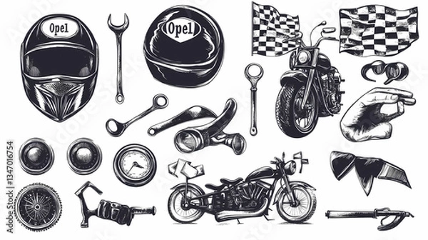 Obraz Vintage Motorcycle & Racing Elements Illustration: A collection of detailed illustrations, showcasing vintage motorcycles and racing-themed elements, ideal for design projects.