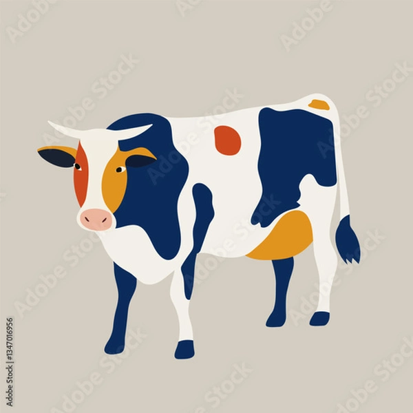 Fototapeta A cow with multi-colored spots stands on a beige background. Graphic print or logo