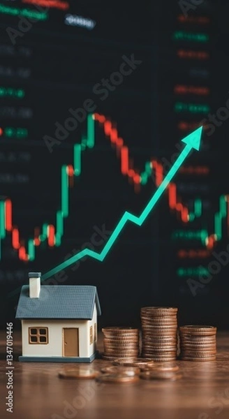 Fototapeta A house on coins with an upward graph symbolizes real estate investment growth.
