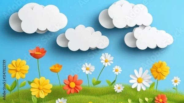 Fototapeta Paper Flowers with Grass, Clouds, and Blue Sky Background.