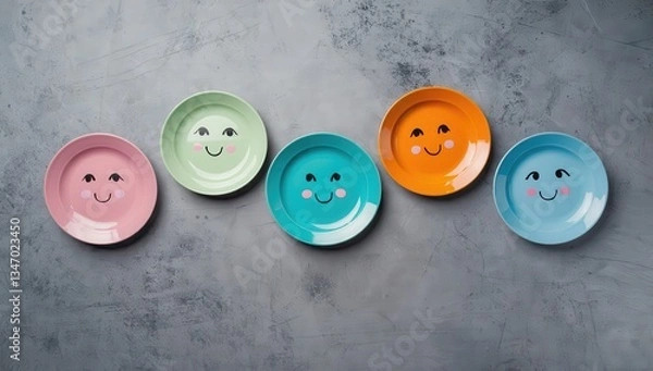 Fototapeta Colorful plates with smiley faces on gray background