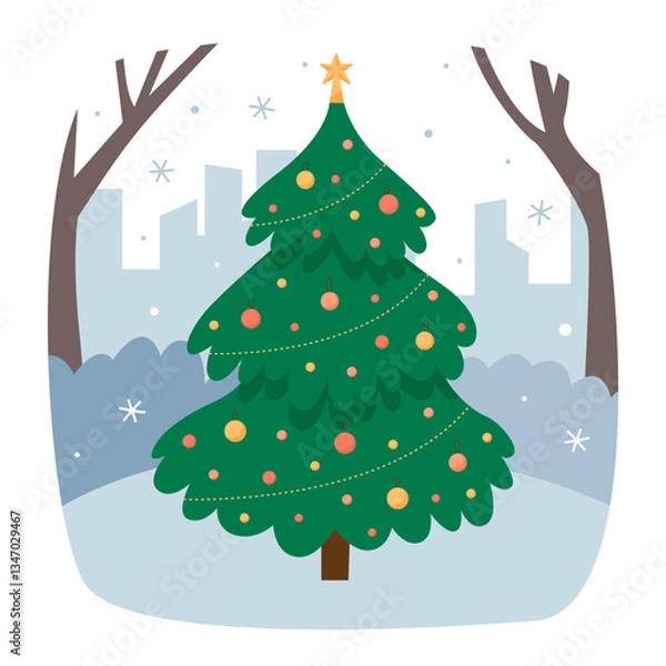 Fototapeta Christmas concept. Winter scene with a decorated Christmas tree in the public park. Merry Christmas and a happy new year. Vector flat illustraton.
