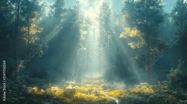 Fototapeta Sunbeams illuminate a mystical forest path through misty pines and wildflowers.