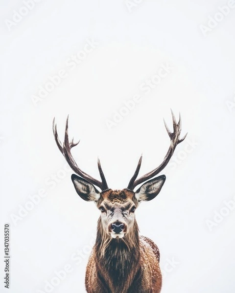 Fototapeta Majestic Deer Portrait with Antlers Against White Background in Winter