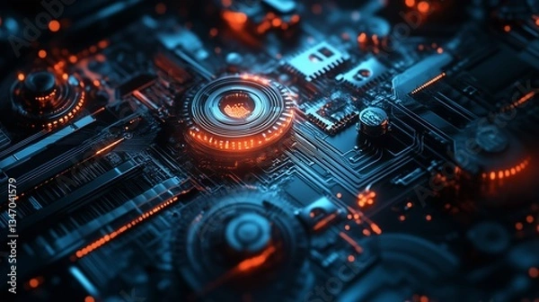 Fototapeta Futuristic circuit board pulsating with orange
