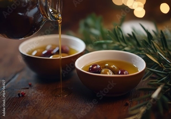 Fototapeta Fresh Olive Oil Pouring Into Bowl with Mixed Olives Surrounded by Green Leaves on Rustic Wooden Table Background Perfect for Culinary Inspiration
